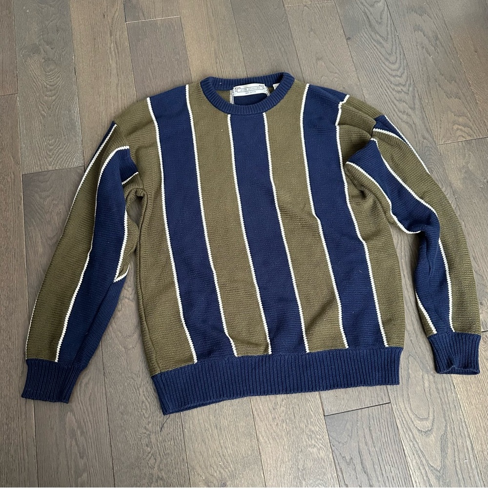 John Ashford Men's Crewneck Sweater - Navy and Olive Stripes Size Medium